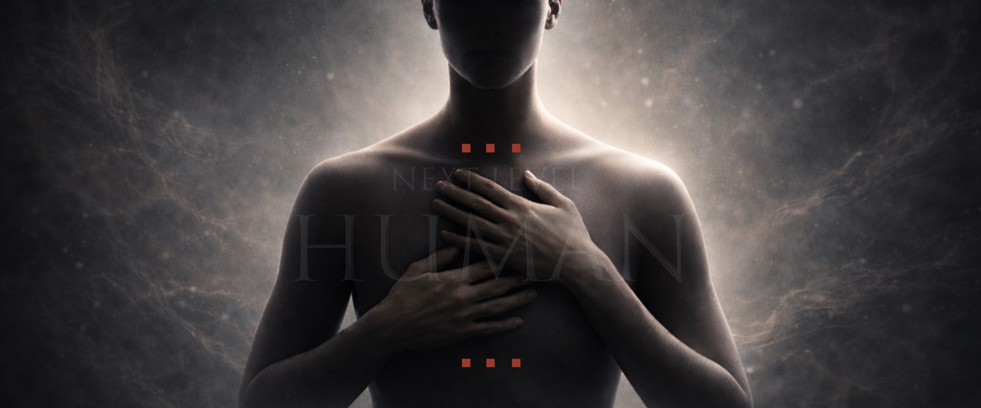 A person standing with both hands over their own chest